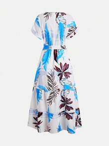 SHEIN LUNE Floral Print Round Neck Ruffled Hem Short Sleeve Dress - Blue - View 2