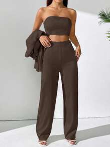 Calvaya Conjunto elegante de chaleco corto con cuello de chal y pantalones de traje de unicolor para mujer, otoño e invierno