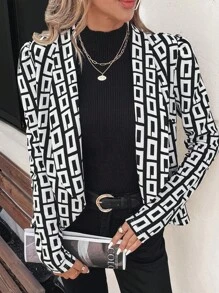 SHEIN Clasi 1 pieza Chaqueta para mujer con cintura ceñida, patrón geométrico, cuello asimétrico y bajo asimétrico - Blanco y Negro - Ver 7