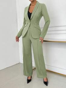 SHEIN SXY Conjunto de blazer y pantalón de mujer con solapa entallada y abotonadura sencilla, elegante para otoño/invierno - verde menta - Ver 6