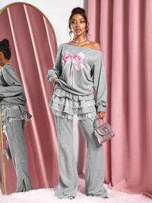 SHEIN SXY Grey Sweatshirt With Bow Print & Dropped Shoulders, Autumn/Winter Pullover Fall - Grey - View 8