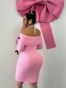 SHEIN SXY Plus Size Women's Sweet Bowknot Colorblock Decor Off Shoulder Black Sweater Dress, For Winter - Pink - View 2