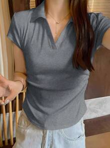 SHEIN Essnce V 领短袖 T 恤，女式夏季修身短款 Polo 衫