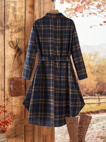 EMERY ROSE Plus Size Casual Plaid Front Button Down Shirt Dress, Winter Dresss