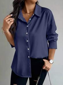 Celure Plus Size Women's Solid Color Drop Shoulder Long Sleeve Pleated Back Casual Office Shirt, Autumn