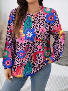 SHEIN LUNE Plus Size Women Leopard Floral Graphic Round Neck Loose Pullover Sweatshirt For Spring & Autumn - White - View 3
