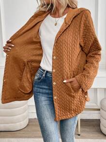 SHEIN Unity Casual Textured Button-Up Loose Hooded Jacket, Autumn - Coffee Brown - View 4
