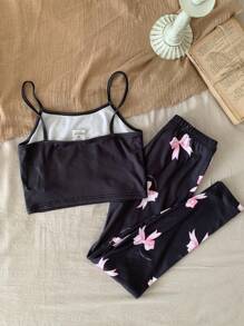 SHEIN 2 件装 Tween 女童蝴蝶结装饰吊带背心和裤子休闲舒适睡衣套装