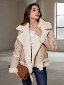 Aveloria Rosie Premium Faux Shearling Jacket For Women, Thickened Lapel Motorcycle Jacket For Fall/Winter
