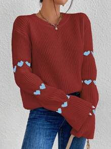 SHEIN Unity Suéter holgado de punto acanalado con patrón de corazón, suéter de punto informal para otoño/invierno - Color caoba - Ver 3