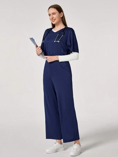 TaskEZ Solid Color Waist Fitted Uniform Bodysuit Women's Scrub Nurse SHEIN TaskFit Women's Nurse Uniform Surgical Gown Health Worker Uniform Frosted Printed Jumpsuit With Shoulder Sleeves, 4 Pockets And Drawstring At Waist