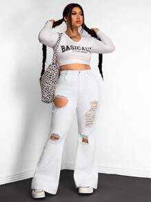 SHEIN ICON Quần Jeans Ống Loe Màu Trơn Thường Ngày Cỡ Lớn - trắng - Xem 5