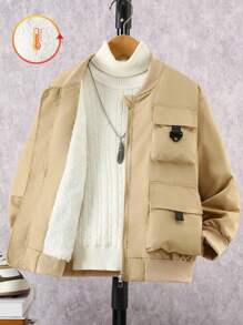 SHEIN Jaket Lengan Panjang Saku Warna Polos untuk Anak Laki-Laki Usia Remaja - Khaki - View 4