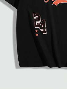 SHEIN Camiseta de manga corta con caída de hombros, estampado de letras en unicolor y ajuste suelto para niño adolescente - Negro - Ver 6