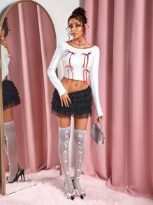 SHEIN SXY 秋冬露肩蝴蝶结白色长袖T恤，百搭设计 - 白色 - 查看 7