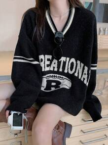 DAZY 女士宽松V领字母图案落肩长袖毛衣，秋冬，长袖上衣，秋季女装