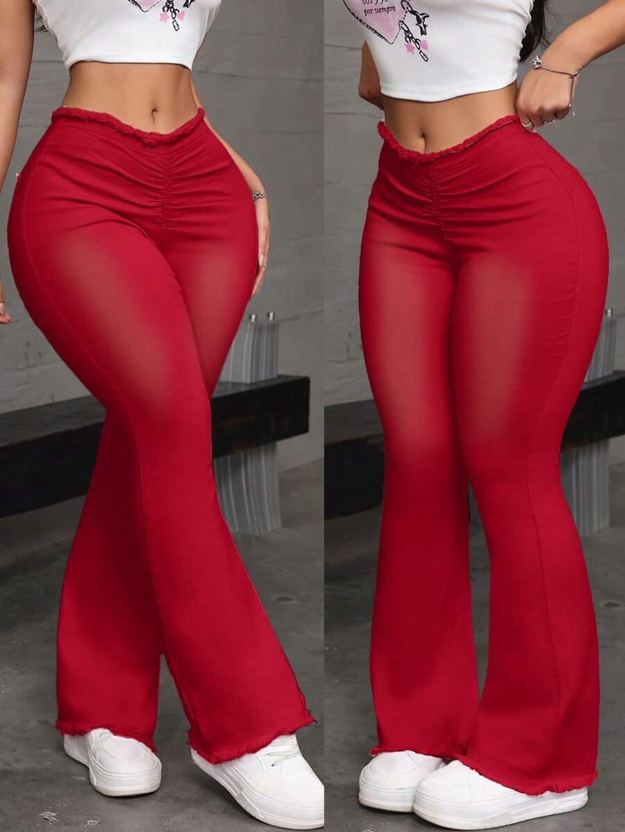 SHEIN ICON Women Waist Ruffle Fringed Flared Casual Versatile Denim Jeans - Red - View 1