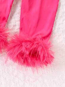 SHEIN 2st/set Ung flicka Elegant långärmad skjorta i satintyg med fluffig manschett och fluffiga byxor, lämplig för vår, höst och vinter - Skrikrosa - Visa 6