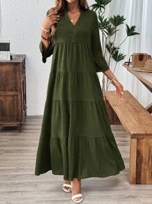 SHEIN LUNE LUNE Textured Solid Flare Sleeve Ruffle Hem Dress - Army Green - View 4
