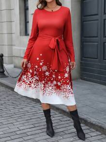 SHEIN LUNE Vestido de talla grande con estampado de bloques de color, copos de nieve y degradado