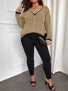 Calvaya Áo len chui đầu tay dài cổ chữ V sọc Colorblock cỡ lớn - Màu Khaki - Xem 5