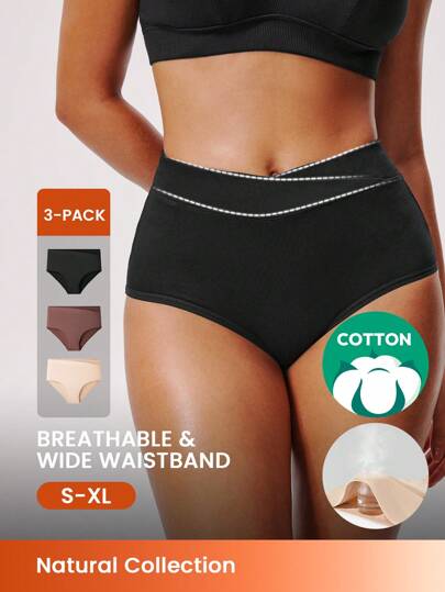 LUVLETTE 3-Pack Women V-Cut Airy Comfortable Basic Cotton High-Rise Briefs-Earthy Comfort Underwear