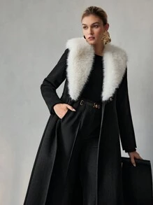 MOTF PREMIUM WOOL CONTRAST FLUFFY COLLAR OVERCOAT