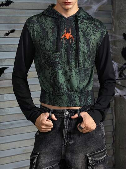 Manfinity VCAY Men's Contrast Color Block Pullover Hooded Sweatshirt, Suitable For Autumn/Winter, For Halloween