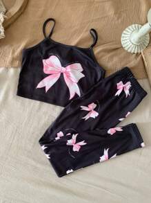 SHEIN 2 件装 Tween 女童蝴蝶结装饰吊带背心和裤子休闲舒适睡衣套装