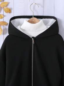 Tween Girls Oversized Casual Minimalist Comfy Hooded Raglan Fleece Jacket,In Fall/Winter - Black - View 4