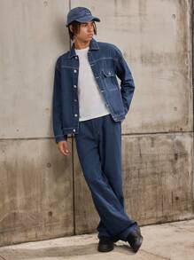 Forever 21 男士街头休闲风格短款深色洗水宽松牛仔夹克适合秋冬季穿着 - 深色水洗藍 - 查看 1