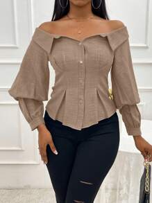 VaVaBold Blusa elegante de mujer con efecto de mezclilla, cuello descubierto, manga larga y cintura recogida, para otoño/invierno - Caqui - Ver 6