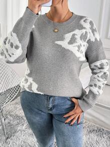 EMERY ROSE Plus Size Women's Jacquard Knitted Long Sleeve Sweater - Grey - View 4