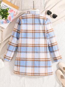 SHEIN Tween Girl Plaid Print Lapel Collar Ruffle Trim Flap Pocket Pea Overcoat - Multicolor - View 2