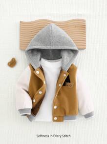 Cozy Pixies Baby Boy Casual Versatile Letter Print Contrast Color Hooded Baseball Jacket, Fall Clothes - Khaki - View 1