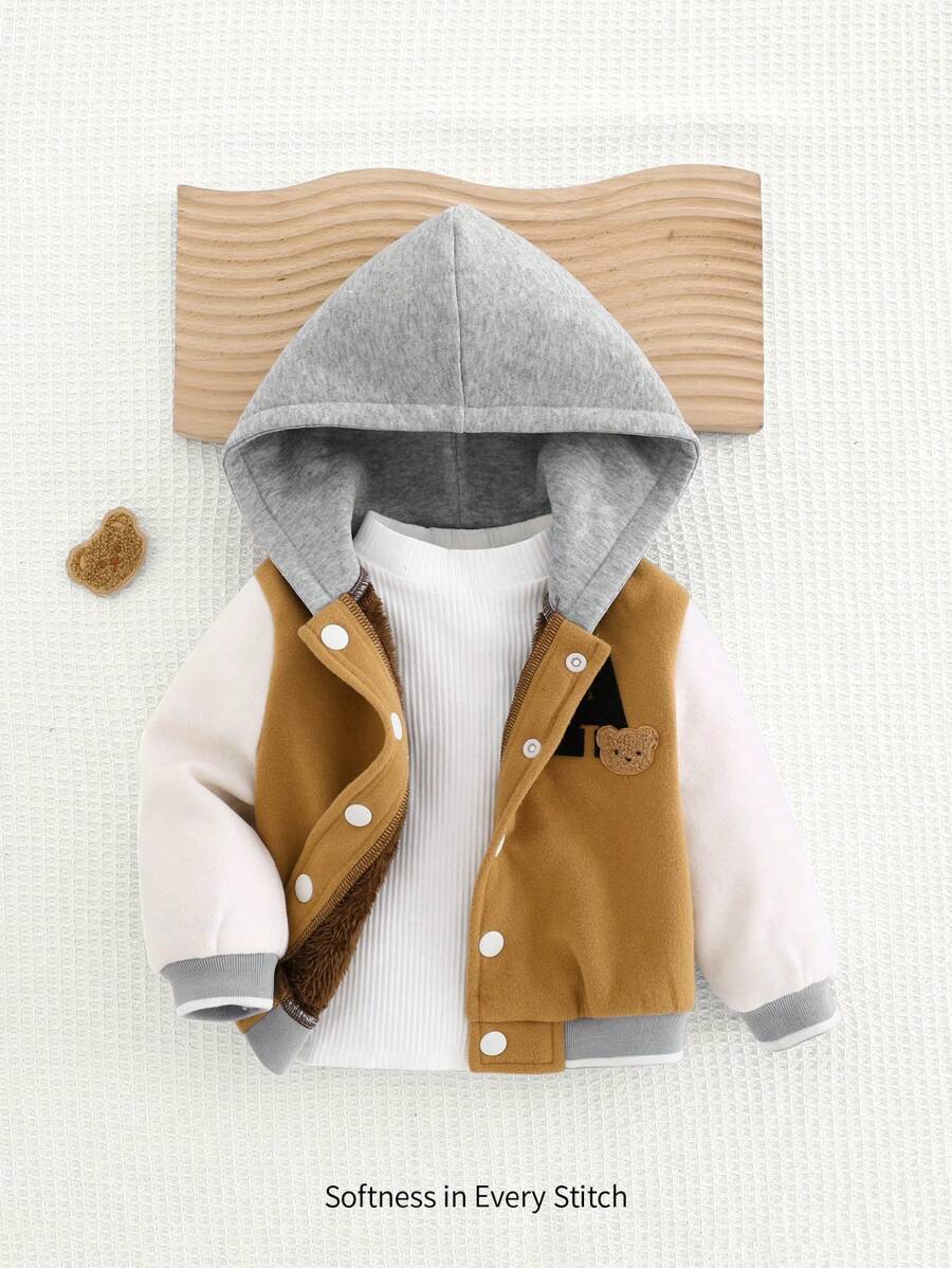 Cozy Pixies Baby Boy Casual Versatile Letter Print Contrast Color Hooded Baseball Jacket, Fall Clothes - Khaki - View 1