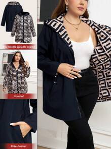 SHEIN Clasi Plus Size Women Geometric Print Long Sleeve Drawstring Waist Reversible Hooded Jacket, Casual For Autumn - Navy Blue - View 1