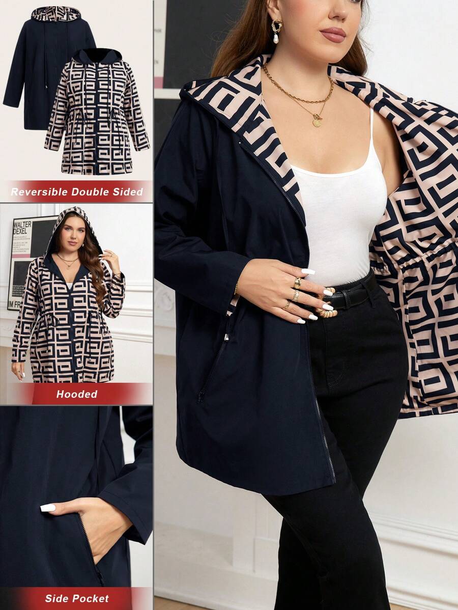 SHEIN Clasi Plus Size Women Geometric Print Long Sleeve Drawstring Waist Reversible Hooded Jacket, Casual For Autumn - Navy Blue - View 1