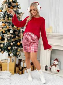 SHEIN Maternity 2pcs/Set Outfit - Solid Color Round Neck Long Sleeve Top And Adjustable Waist Houndstooth Skirt