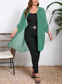 SHEIN Clasi Plus Size Casual Polka Dot Print Button-Up Loose Shirt For Autumn - Green - View 1