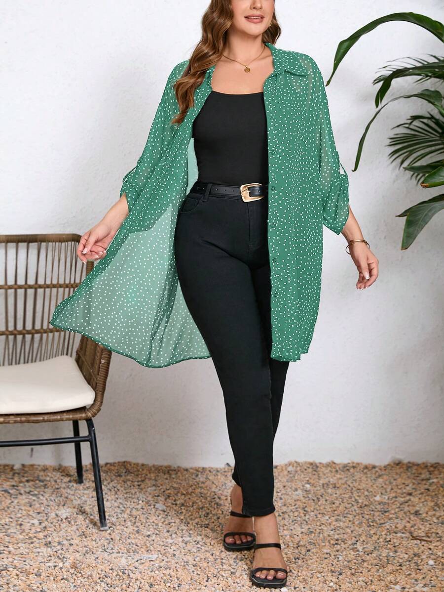 SHEIN Clasi Plus Size Casual Polka Dot Print Button-Up Loose Shirt For Autumn - Green - View 1
