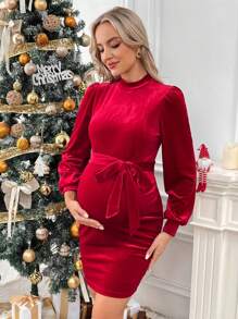 SHEIN 孕妇立领羊腿袖束带修身连衣裙，红色 - 紅色 - 查看 3