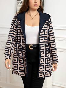 SHEIN Clasi Plus Size Women Geometric Print Long Sleeve Drawstring Waist Reversible Hooded Jacket, Casual For Autumn - Navy Blue - View 4