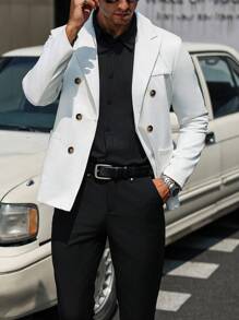 Manfinity Bizformal Áo khoác vest nam tay dài màu trơn hai hàng khuy công sở - trắng - Xem 7