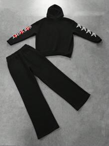 Manfinity EMRG Plus Size Men's Letter & Skull Graphic Drawstring Hooded Top And Sweatpants Set, Casual Autumn Outfit - Black - View 4