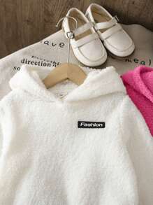 Kaufe 1, Erhalte 1 Gratis - 2 Stücke/Set komplett passend für Kleine Mädchen, einfarbiges Set mit Buchstaben-Applikation und flauschigem Teddy-Kapuzenpullover, aus Strick und Fleece, locker und lässig, für Herbst und Winter, Preppy-Stil, Schulanfang (Rosa, Beige)