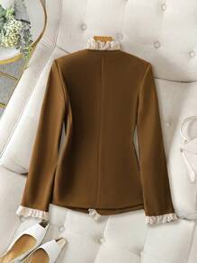 Seusyu Women's Casual Elegant Contrast Trim Single Breasted Dual Pocket Jacket, Autumn Fall Cloth For Women - Khaki - View 2
