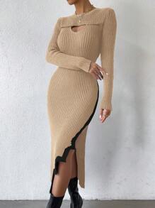 Calvaya Vestido elegante de mujer con bloques de color, cuello redondo, manga larga, costados con abertura y bajo con abertura