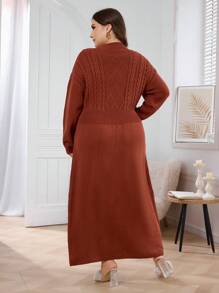 Modelyn Plus Size Women V-Neck Twist Cable Solid Color Dress - Redwood - View 2