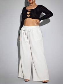 SHEIN SXY Plus Size Casual Solid Color Drawstring Waist Wide Leg Pants, Autumn - White - View 5